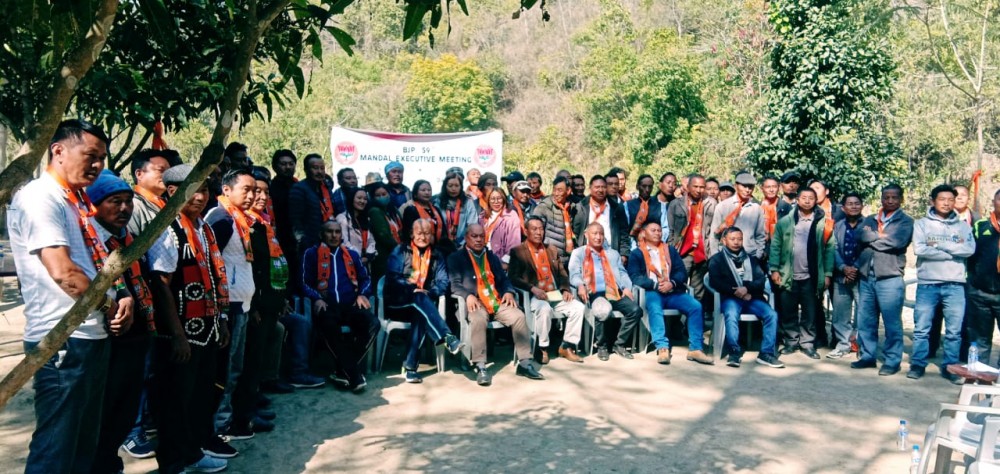 Nagaland BJP party leaders and karyakartas from 59th Mandal and Kiphire district during the executive meeting at Thsingaki river on February 18. (Photo Courtesy: State Media Cell, BJP Nagaland)